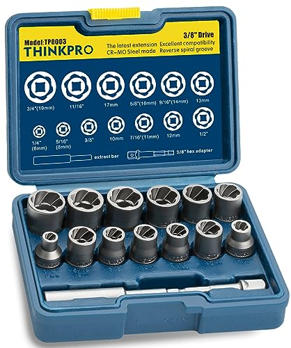 Kit di 15 estrattori per bulloni, set di bussole a percussione per bulloni danneggiati, spogliati, arrugginiti e rimozione di dadi, SAE e metriche, acciaio Cr-Mo