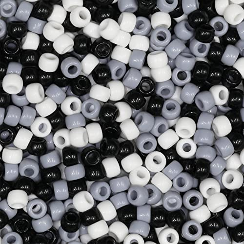 VOOMOLOVE 1000 PCS Pony Beads - Black/White/Grey, 6x9mm for Hair Braids, Crafts & Jewelry