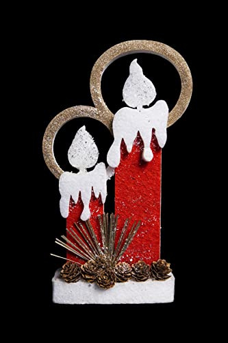 41Cm Christmas Pre Lit Twin Candles Battery Operated Glitter Foam Snow Covered Finish Table Decoration Red