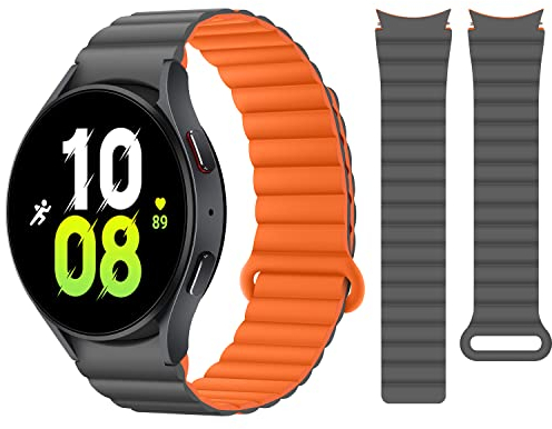 HITZEE Armbänder Kompatibel Mit Samsung Galaxy Watch 7/FE/6 40mm 44mm/6 Classic/5/4, 20mm Silikon Magnetisch Band für Galaxy 4 Classic/5 Pro, Grau/Orange