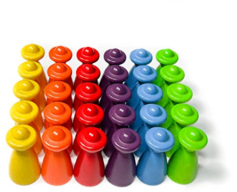 Spieltz große Spielfiguren aus Holz, Menschen/Personen mit Hut, Höhe 4 cm, f. Brettspiele. Made in Germany (6 Farben - Regenbogen: Gelb, Orange, Rot, Violett, Hellblau, Hellgrün, 30 Figuren)