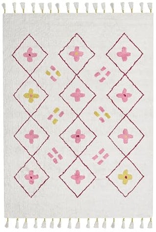 Beliani Tapis en Coton Blanc et Rose 160 x 230 cm à Franges et Motif de Losanges Doux Cavus