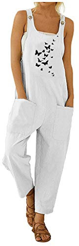 Salopette da donna in lino, pantaloni estivi con salopette in tessuto, pantaloni lunghi da lavoro, da donna, in lino, con tasche, vestibilità larga, tutina, Z-bianco., L