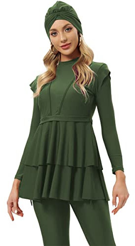 OBEEII Muslimische Damen-Badeanzüge, volle Abdeckung, lange Ärmel, Burkini, Hijab, Badeanzug, S-4XL, Grün , Medium