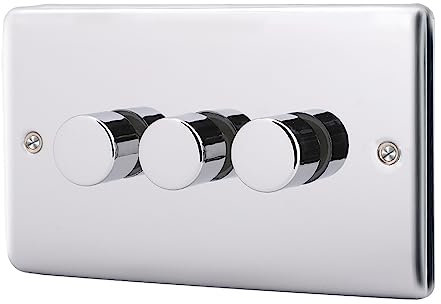 ASAB 3 Gang 2 Way Push Dimmer 400W PGM 33865 Brushed Steel Easy to Push On Off Button Control Two Way Dimming 3 Gang Design Easy Installation with Fixing Screws Suitable for LED Tungsten Lamps
