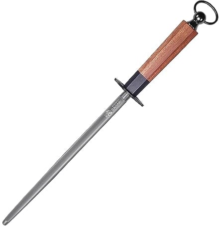 MITSUMOTO SAKARI 40 cm Acciaino Professionale Giapponese, Acciaino Diamantato in Acciaio ad Alto Tenore di Carbonio, Acciarino Rotondo Nero (Manico in Palissandro e Squisita scatola di legno)