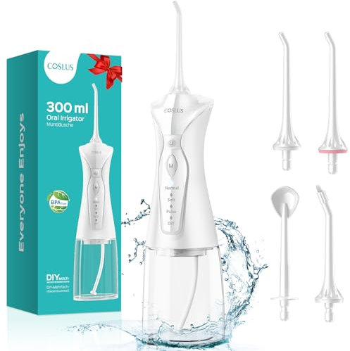 COSLUS Water Teeth Flosser Picks: 4 Modes Cordless Irrigator 300ML Portable Electric Flossing Machinerie for Teeth Cleaning Rechargeable IPX7 Waterproof Tooth Pick Set Cleaner for Travel Home