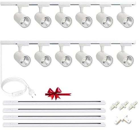 Teste Di Illuminazione Della Pista A Led 12-Luci Lampada Faretti Da Soffitto Orientabili,Faretti Led Interno 20W Track Lighting 3000K Bianco Freddo Con Binari Extra Da 4 * 1m,Cucina Moderni Ufficio