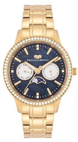 Rhodenwald & Söhne Damen Uhr Edelstahl gelbgold Quarzwerk 3 ATM | Edelstahl Armband, gelbgold, Gliederarmband, Multifunktion(en), Zifferblatt schwarz, Mineralglas, Armbanduhr, Fashion-Uhr