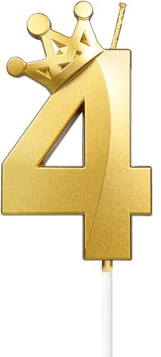 Yiran Gold 4th Birthday Candles with Crown, 3inch Giant Number 4 Candle, 4th Birthday Candle for Cake,Happy Birthday Candle, Cake Candles Cake Topper Decorations for Girls Boys Birthday Party Supplies