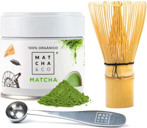 Ensemble de Thé Matcha de Débutant Matcha & CO. Kit Matcha avec Matcha Original, Cuillère doseuse et Fouet en bambou. Matcha de Grade Cérémonial 100% Écologique.
