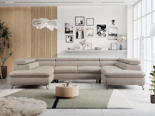 MKS MEBLE Sofa U-Form Beige, Wohnlandschaft U-Form, Sofa mit Schlaffunktion und Bettkasten, Schlafsofa mit Bettkasten, Couch mit Verstellbare Kopfstützen - Peter U - Beige Velvet