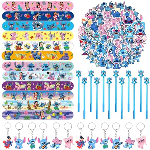 86 Stück Lilo und Sti-tch Mitgebsel Geburtstag, Sti-tch Party Mitgebsel Set, 12 Schnapparmbänder, 12 Schlüsselanhänger, 12 Sti-tch Pens, 50 Sti-tch Sticker, Kinder Party Kleine Geschenke Give Aways