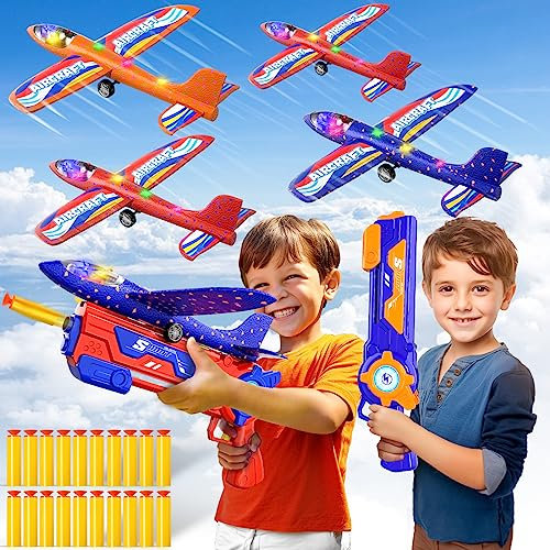 TEMI 4 Pack Foam Airplanes with 2 Deformable Launchers for Boys 3 4 5 6 7 8 Years, Catapult Glider with 4 LED Flying Toy Planes for Kids, Outdoor Flying Toys (20 Soft Foam Darts)