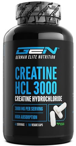 Creatine HCL - 180 capsules - Haute dose de 3000 mg - Créatine pure hydrochloride - Haute absorption - Haute biodisponibilité - Vegan