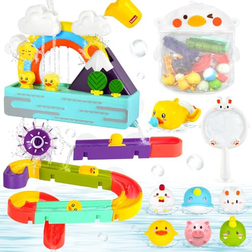 Bibykivn Badewannenspielzeug, Badespielzeug Set, DIY Kugelbahn Badewannen Spielzeug ab 3 4 5 6 Jahre, Wasserspielzeug mit Fischernetz, Kinder Badespaß Geschenk Mädchen Junge (Regenbogen)
