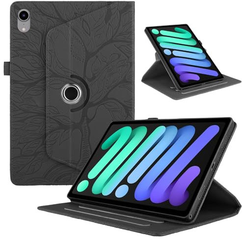 TEDTIKJT Coque pour iPad Mini 7 Tablette Coque/iPad Mini 6 8.3 2024/2021 Tablette Cover étuis Cuir 360°Rotatif Multi-Angle Stand Flip Protection Housse Cover pour iPad Mini 7,Noir Arbres