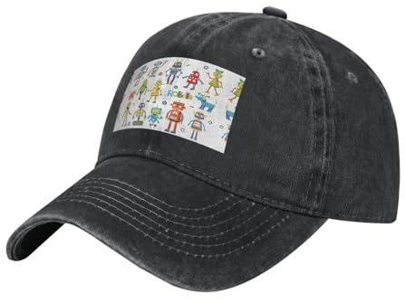 DRTGEDS Baseballkappe mit niedlichem Cartoon-Roboter, Hip-Hop, Trucker-Mütze, verstellbare Baseballkappe, Baumwollkappe, Schwarz, Einheitsgr��e