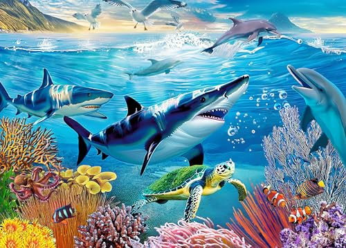300 Teile Puzzle für Erwachsene – Unterwasserwelt – Ozean und Meereslebewesen – Haie, Delfine, Schildkröten, Korallen, Möwen