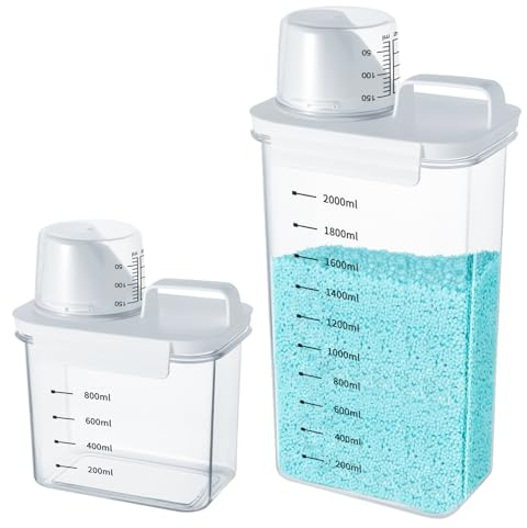 Mucek 2 Stück 2300 ml Luftdichter Waschmittelspender mit Messbecher, Waschmittel Aufbewahrung,Waschpulver Aufbewahrungsbox,Airtight Detergent Dispenser with Measuring Cup