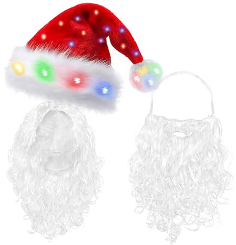 OWOAOOwl Weihnachtsmann Kostüm Set, 3 Stück Weihnachtsmütze Weihnachtsmann Bart und Perücke, Weihnachtsmann Bart + Perücke + Farbe LED Lichter Weihnachtsmütze, für Weihnachten Party Deko