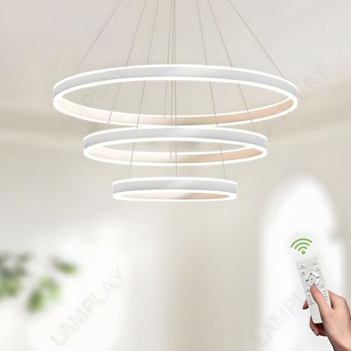 LAMPLAY Runde Moderne LED-Pendelleuchte, 3 Weiß Ring-Kronleuchter, Dimmbar Mit Fernbedienung 3000K-6000K Deckenleuchte, Höhenverstellbar, Foyer, Wohnzimmer, Schlafzimmer, Esszimmer(Ø20+40+60cm)