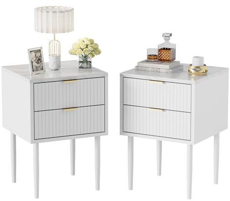 UEV Nachttisch 2er Set marmor, Nachtschrank mit Schubladen, Nachtkommode mit Metallfüße, Sofatisch mit Beine, Beistelltisch für Wohnzimmer Schlafzimmer, 42x40x70cm, Weiß