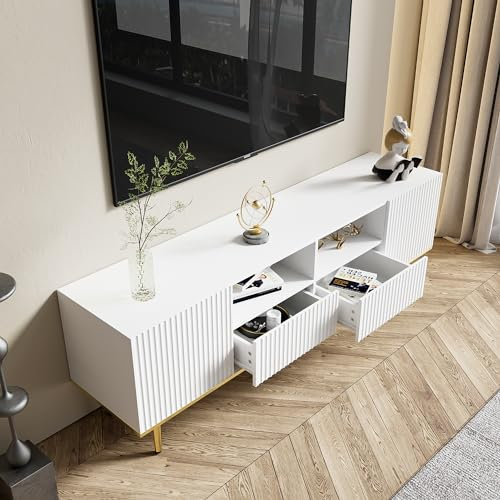 Zepneiy Meuble TV Moderne, Pieds dorés et Cadre doré, 165×36×55cm, Blanc
