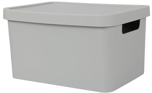 Plastic Large Storage Box with Lid, 31L Capacity, Solid Matte Colour, Decorative Design with Handle, Stackable & Nestable Space-Saving Organizer for Home & Office – 45.5 x 33.5 x 25 cm (GREY)