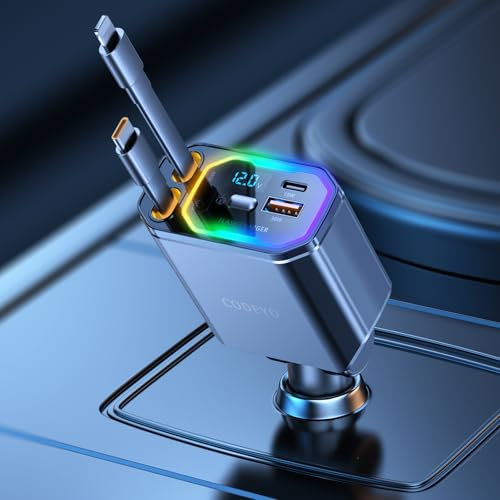 CODEYO Einziehbares Auto Ladegerät 4 in 1 Zigarettenanzünder USB C, 146W Auto Ladegerät, 2.9ft Kabel, RGB Licht, PD 65W, 30W für Lightning, KFZ Ladegerät für iPhone 16/15/14/13/12, Samsung, Laptop