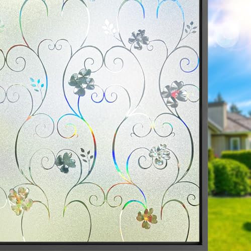 DIFIT Pellicola per Vetri Finestre 90x200cm, 3D Effetto Arcobaleno Fiori Pellicola Adesiva per Vetri Decorative Anti-UV Elettrostatica Satinata Pellicola Privacy Finestre per Casa Ufficio