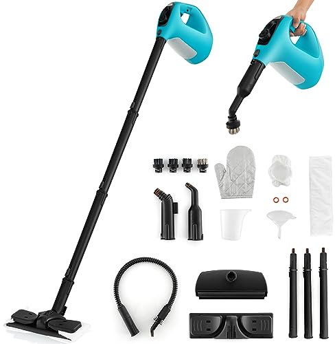 GOPLUS Nettoyeur Vapeur à Main 1400 W, Réservoir 400 ml & Verrouillage de Sécurité, Température 125 °C, Nettoyeur à Vapeur Portable avec 14 Accessoires pour Maison, Voiture (Bleu)