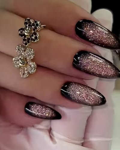OXDOHUE 24 pièces Faux ongles violets à paillettes de style foncé avec colle, style gothique adapté aux rendez-vous et aux fêtes