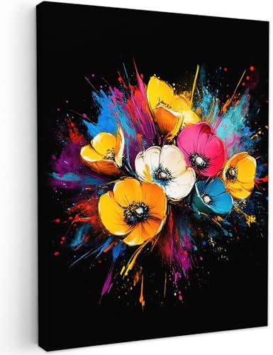 MuchoWow© Impressions sur Toile 60x80 cm Deco Tableau Murale Decoration Salon Peinture Tableaux Chambre Toiles Maison Fleurs - Coloré - Graffiti - Moderne - Bouquet
