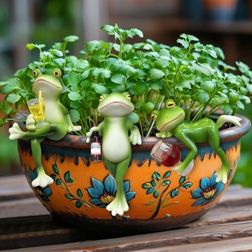 Frosch Figuren Teichdeko Miniteich Frosch Garten Deko für Draußen Wetterfest Harz Gartenfigur Blumentopf Hängend Decor Gartendeko Statue Für Außen Garten Kantenhocker Dekoration Geschenk (3 Stück)