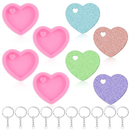 4 Stück Herz Silikonform, Silikonformen Gießformen Herz Liebe Herz Epoxidharz Formen Harzformen Aus Silikon Mit 20 Stück Schlüsselanhängern Für DIY Handwerk Anhänger Halskette, Hausgemachte Desserts