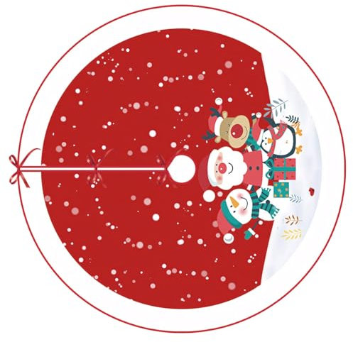Falda grande para árbol de Navidad de 48 pulgadas con Papá Noel y amigos, diseño rojo nevado para base de árbol