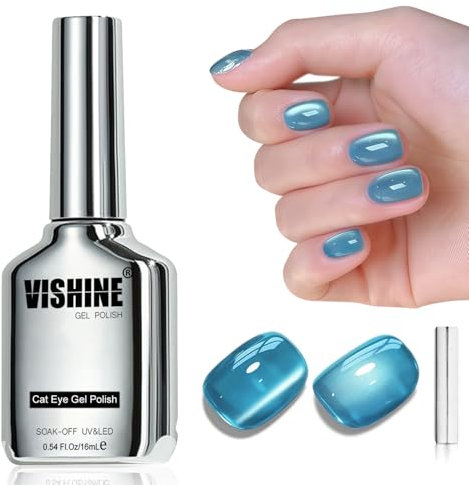 Vishine Glassy Cat Eye Gel Nail Polish, 16ml Sheer Blue Glitter Holographic Gel Polish with Magnet, Reflective Translucent Teal Blue #417