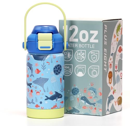 pluseight Kids Metal Water Bottle with Straw, 350ml BPA-Free Double Wall Vacuum Tumbler 18/8 Stainless Steel Leak Proof Kids Cups with Straw for School Travel Boys Girls (Ocean)