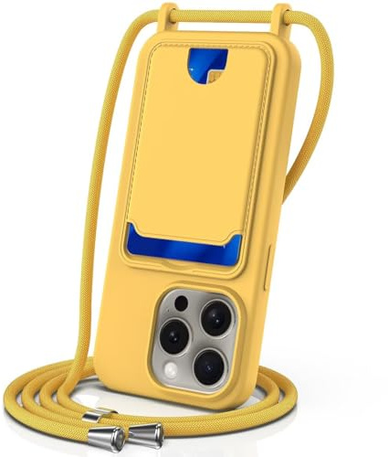 FMPCUON Handykette Flüssigsilikon Hülle für iPhone 16 Pro Max mit Band,Handyhülle mit Kartenfach,Necklace Schutzhülle mit Abnehmbar Kordel zum Umhängen Stossfest Bumper,Gelb