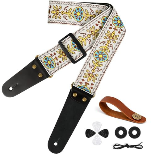 Aucuu Gitarrengurt, 2 Vintage bestickte Baumwolle Gitarrengurt, Verstellbarer Gitarrenband Echtleder Enden für Bass Elektro Akustik, mit Gurtknopf 2 Gurtschlössern 4 Gitarrenplektren