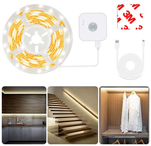 LED Strip Bewegungsmelder 3M,Wasserdicht Bewegungssensor Licht Leiste mit Doppelstromversorgung,Dauerlichtmodus,PIR Bewegungsaktiviert,Nacht Modus 3 Modi,für Schränke,Betten,Treppen–Warmweiß 3000K