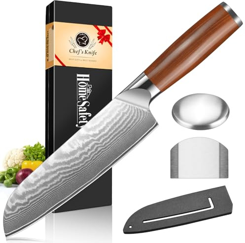 Home Safety Santoku Knife, 7 inch Damascus Kitchen Knife Made of 67-Layers Damascus Steel, Professional Chef's Knives with Ergonomic Stainless Steel Handle for Chefs and Home Cooking, Gift Box