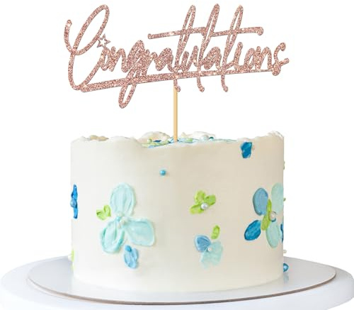 Congratulations Cake Topper - Graduation Cake Supplies - Retirement Wedding Birthday Anniversary Farewell Baby Shower Bridal Shower Party Decorations - Rose Gold Glitter