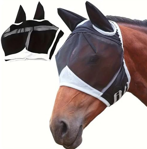 Fliegenmaske Pferd, Fliegenhaube Pferd mit UV-Schutz, Atmungsaktive Netzmaske für Warmblut und Pony, Schwarz, Größe L, Ideal für Weide, Stall und Reiten