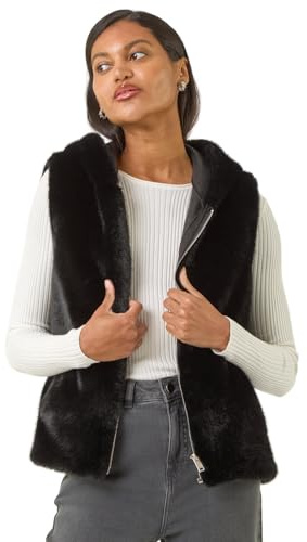 Roman Originals Hooded Faux Fur Gilet for Women UK - Ladies Everyday Autumn Winter Comfy Soft Evening Vacation Work Party Night Out - Black - Size 18