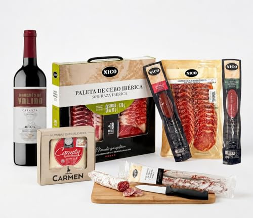 Nico Jamones Gourmet-Set mit iberischer Palette, Aufschnitt, Käse, iberischer Brühe und handwerklichen Trüffeln in eleganter Geschenkbox, perfekt zum Genießen oder Verschenken an Weihnachten.