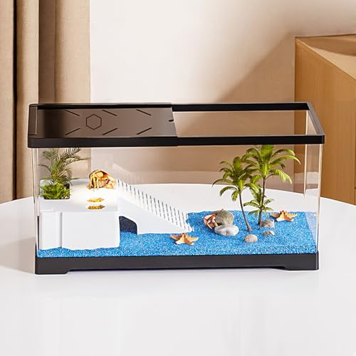 Schildkrötenbecken, Schildkröten-Aquarium mit Sonnenplattform und Bodenauslass, 40 x 20 x 22,5 cm Wasserbecken für Junge Schildkröten, Flusskrebse, Krabben, Amphibien, Reptilien, Schwarze Farbe