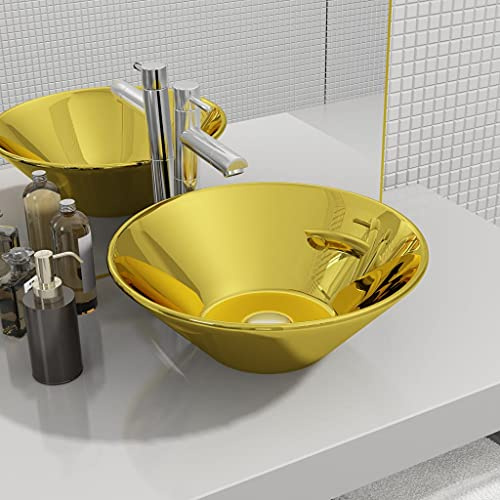 Rundes Keramik Waschbecken Gold 42x14 cm, Modernes Aufsatzwaschbecken für Badezimmer, Gäste-WC, Stilvolles Design, Einfache Reinigung