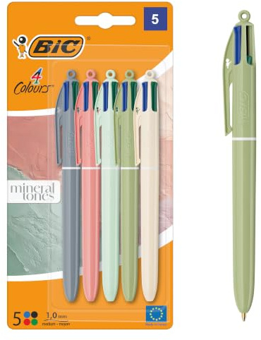 BIC 4 Colours Mineral Kugelschreiber mit mittlerer Spitze (1,00 mm) – verschiedene Schaftfarben, Pack à 5